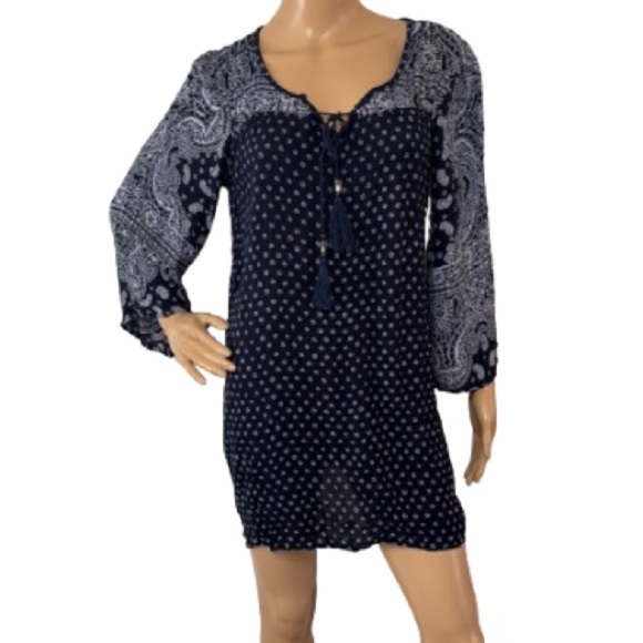 Angie Boho Navy Blue Paisley Floral Print Spring Tunic Mini Dress Size S - Picture 1 of 6